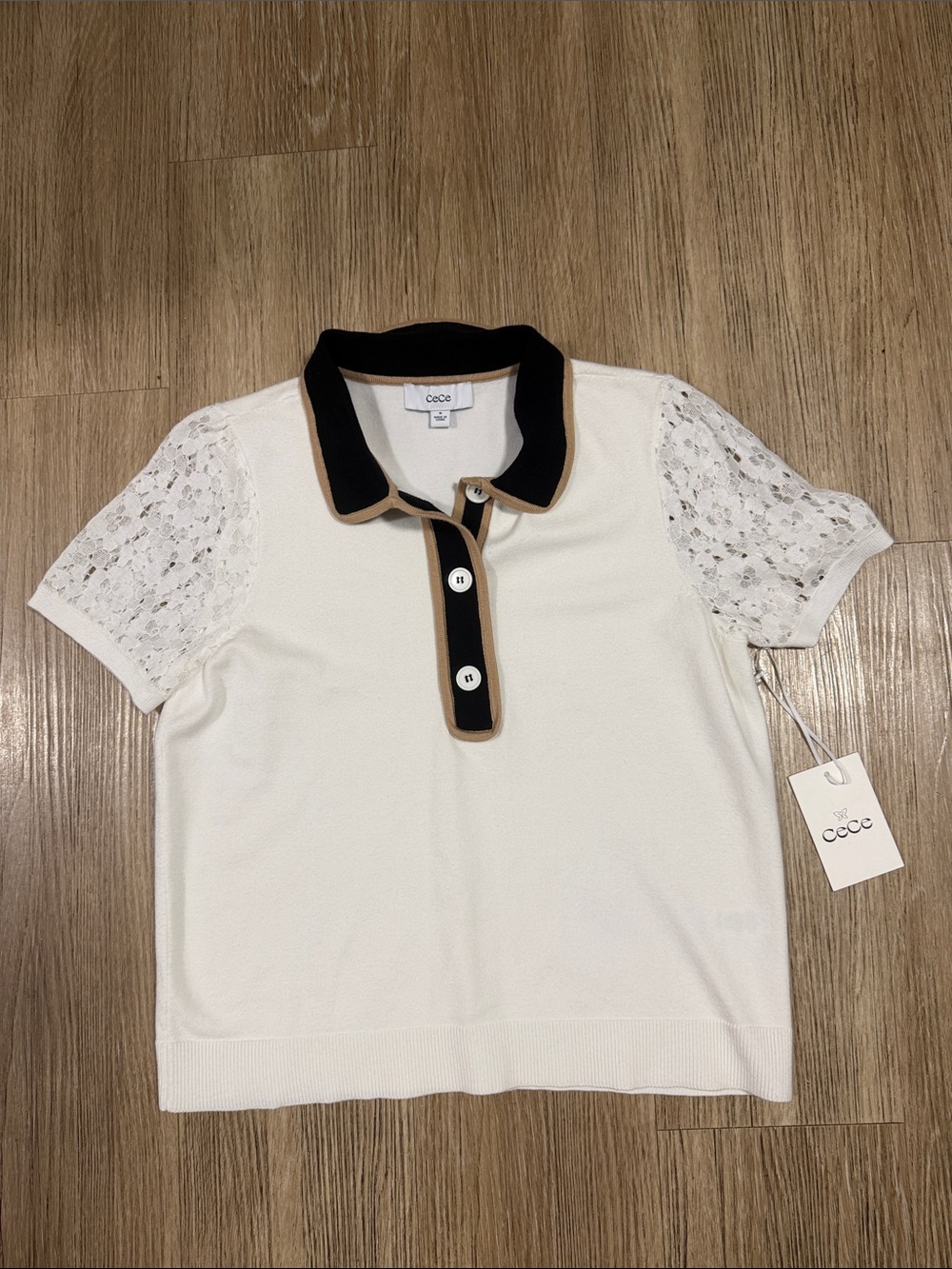 CECE Cream Polo Top with Black Trim M
